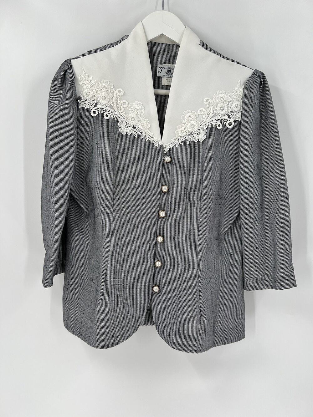 Vintage Jacket Womens 14P Black White Floral Lace 3/4 Sleeves Pearl Buttons